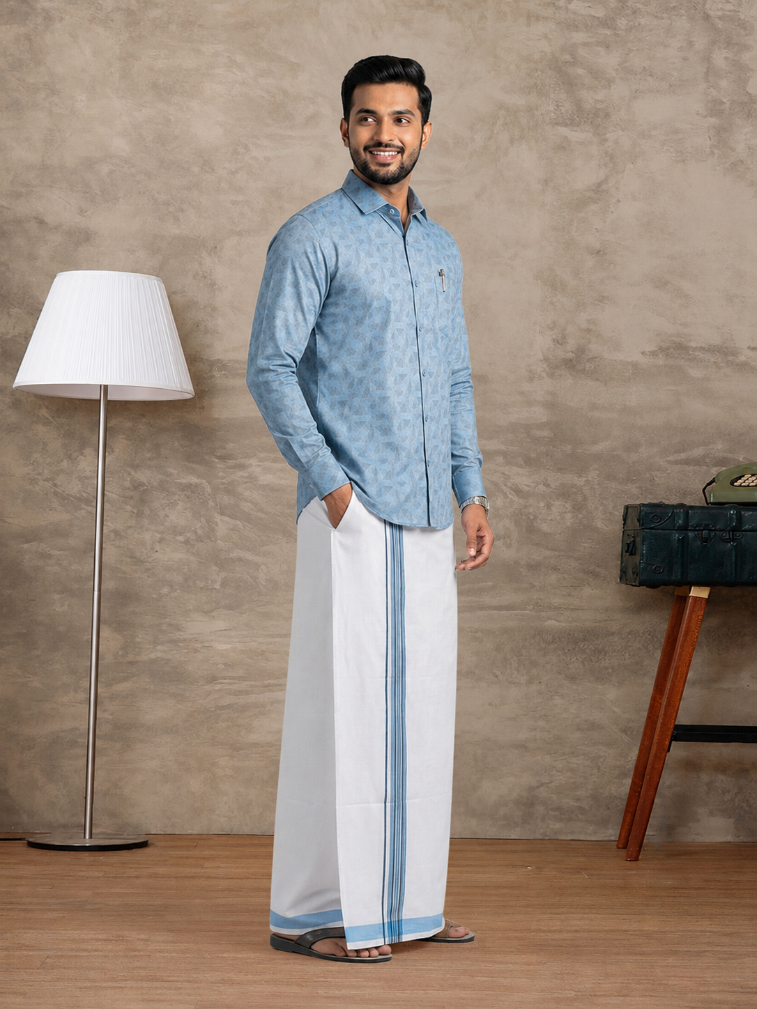 Cotton Rich Light Blue Printed Shirt with Matching Border Dhoti Set PS23