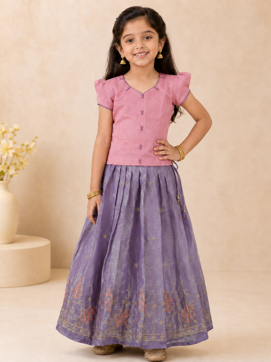 Girls Tissue Violet Pattu Pavadai Set GPS44