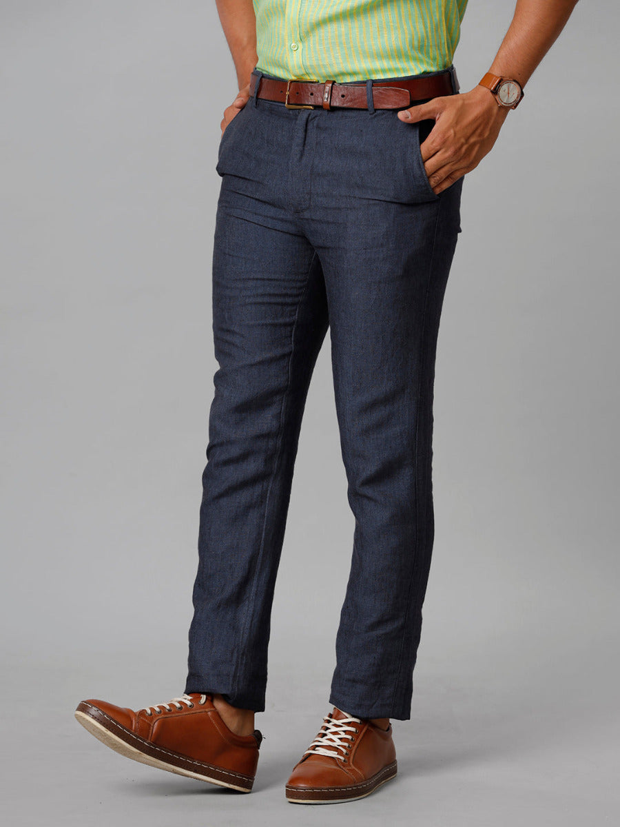 Mens Trim Fit Grayish Blue Linen Pant-Side view
