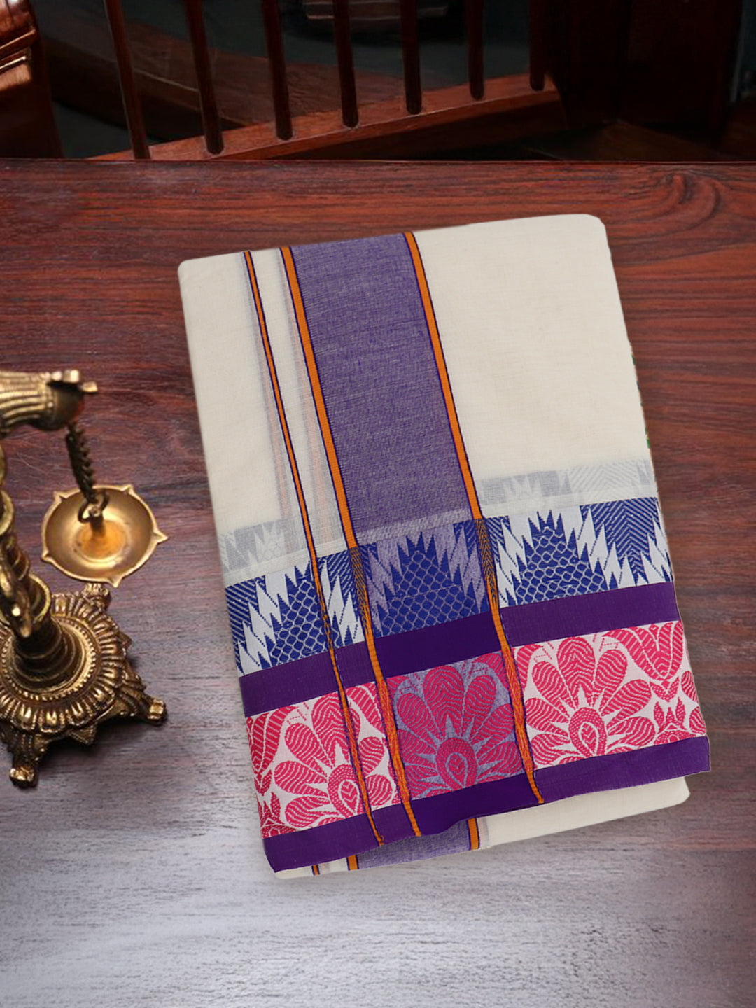 Men Kora Cotton Fancy Jari Border Panchakacham with Angavasthram (9+5) Fancy Pet Kora FPK02