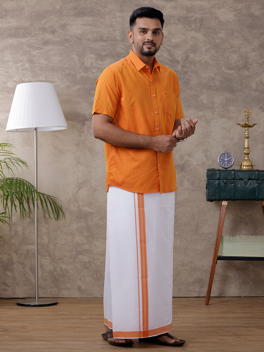 Men Orange Matching Border Dhoti & Half Sleeves Shirt Set Evolution IC1