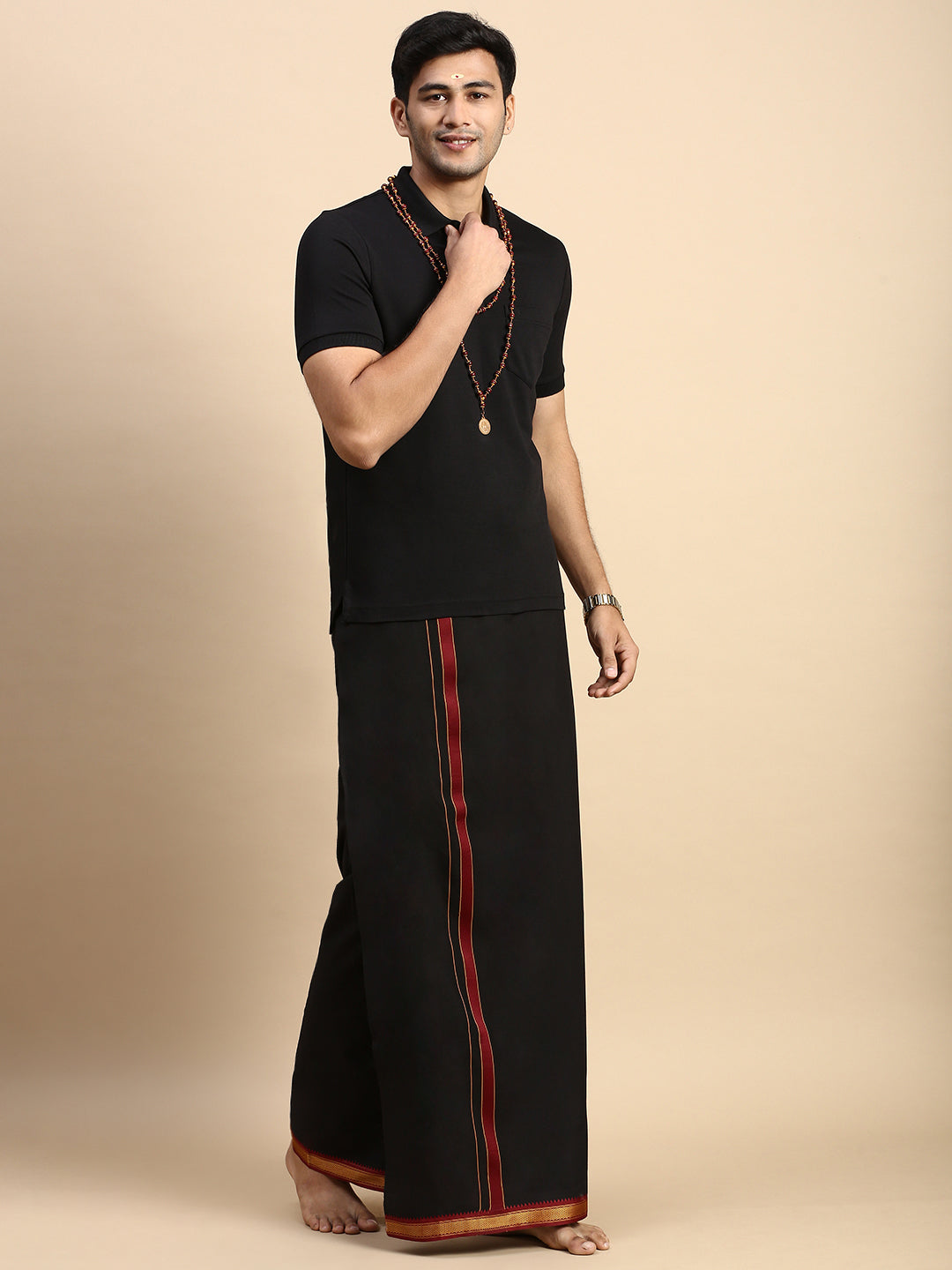 Men Devotional Mayilkhan Border Dhoti & TShirt Set Black EPD14