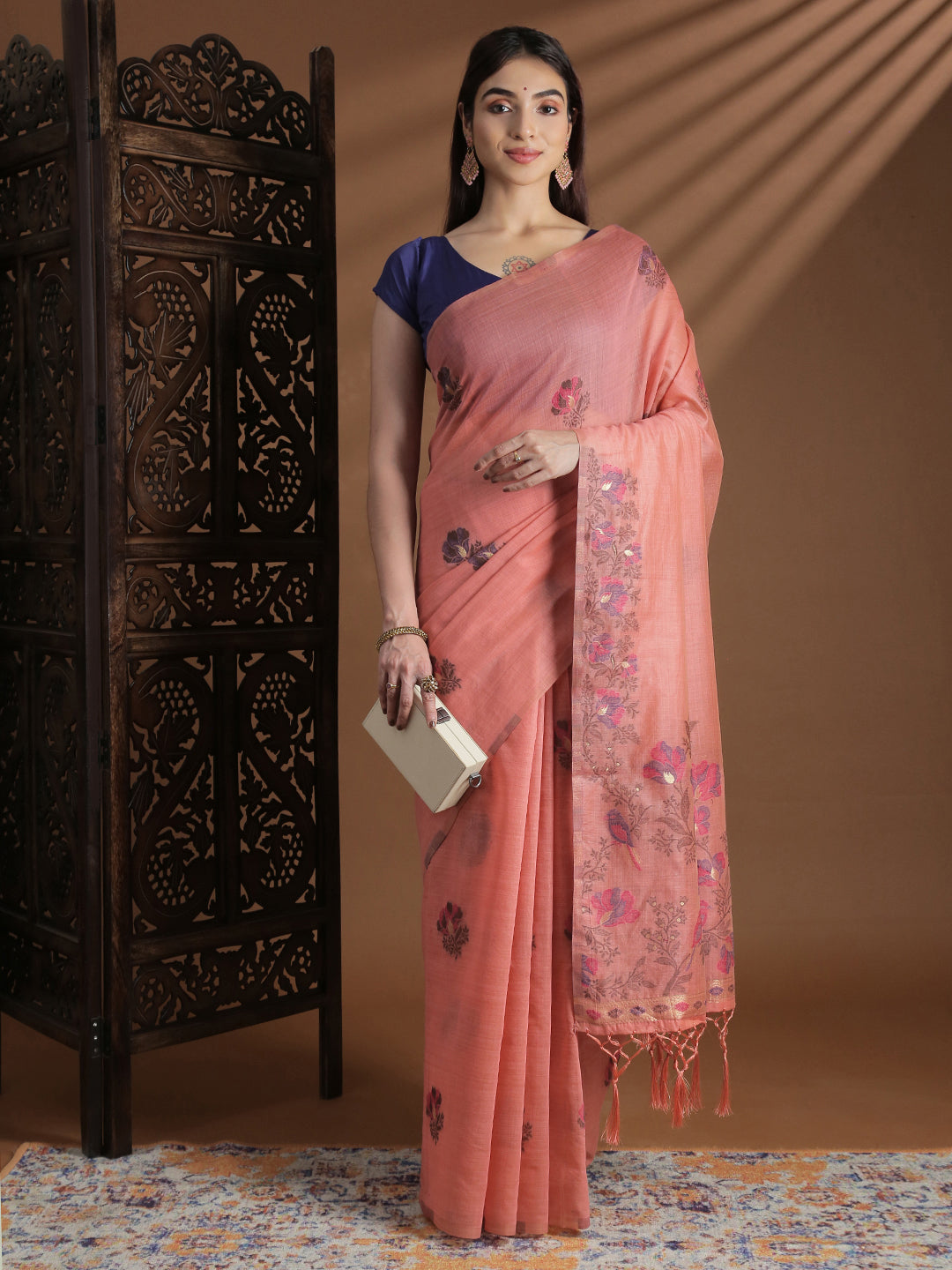 Women Peach Cotton Weaving Saree PCS245