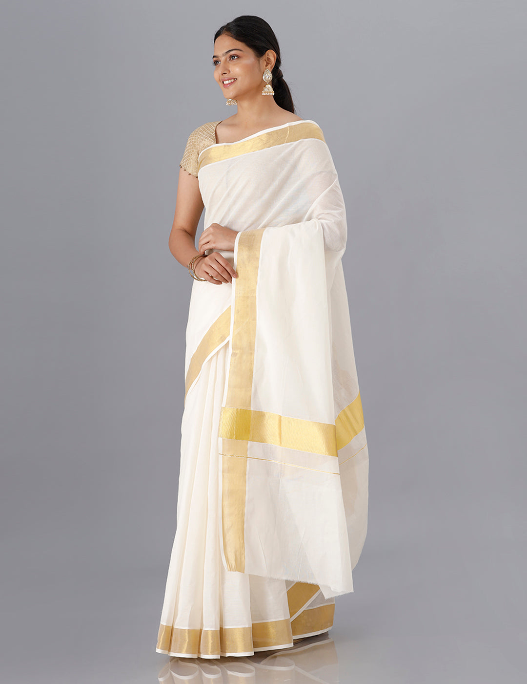 Women Traditional Kerala Cream Plain Saree with Gold Border KS222