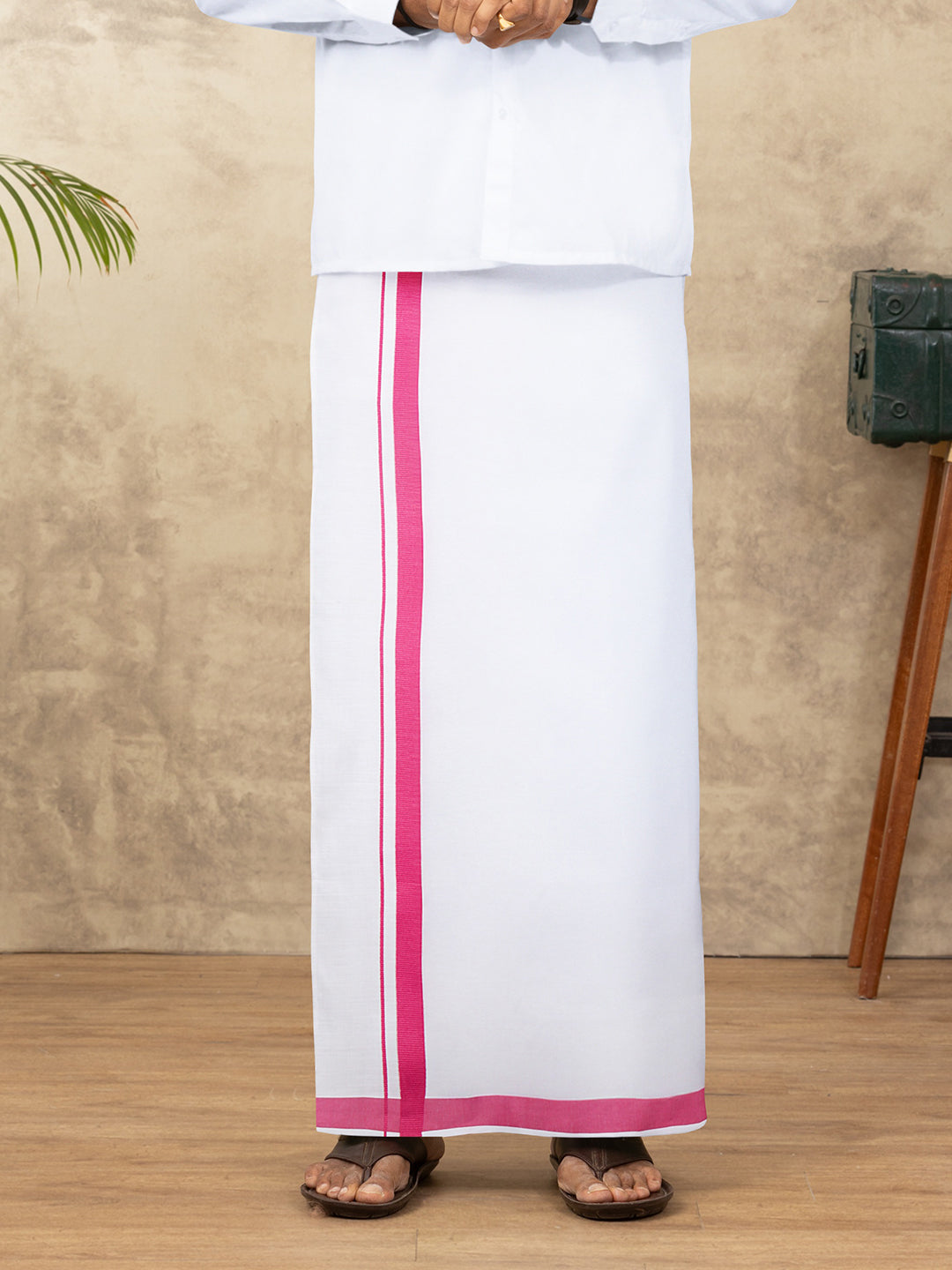 Men Cotton Blend Readymade Single Layer White Dhoti with Big Border GACS16