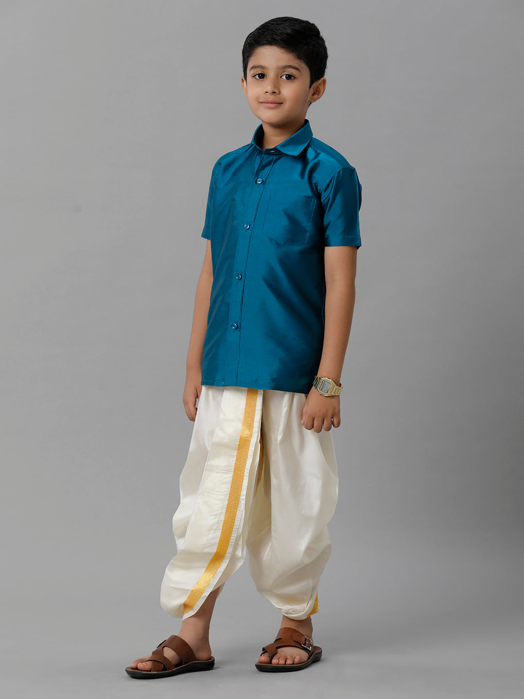 Boys Silk Cotton Ramar Blue Half Sleeves Shirt with Soft Silk Panchakacham Combo K1-Side view