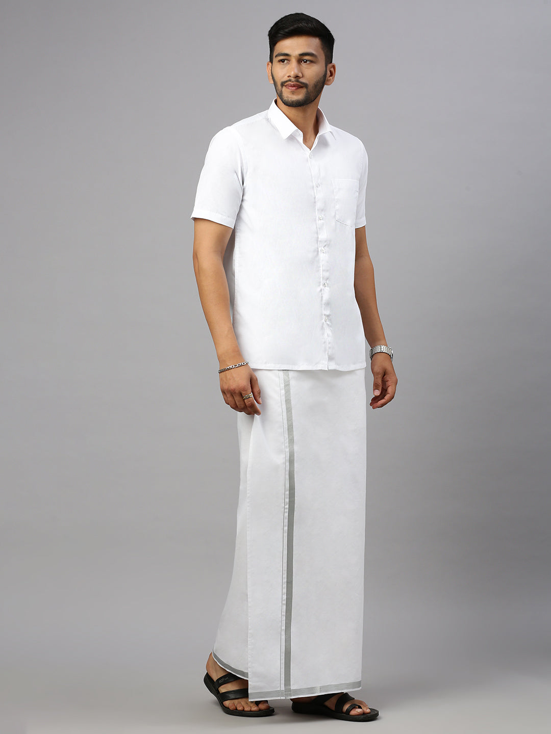 Men White Shirt with 1/2" Inch Silver Jari Border Single Layer Dhoti Combo Silver Storm