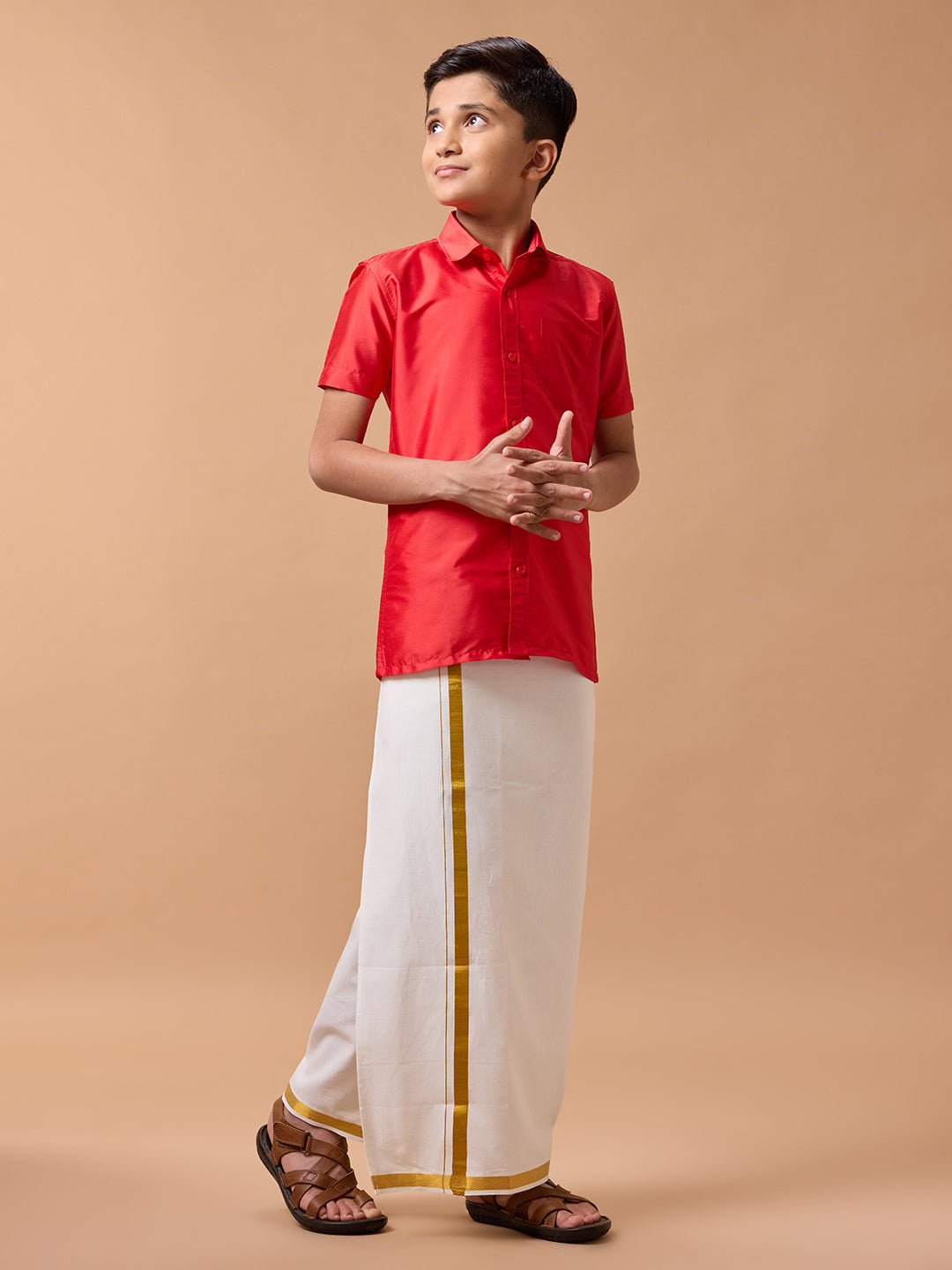 Boys Silk Cotton Shirt with Dhoti Set Cherry Red