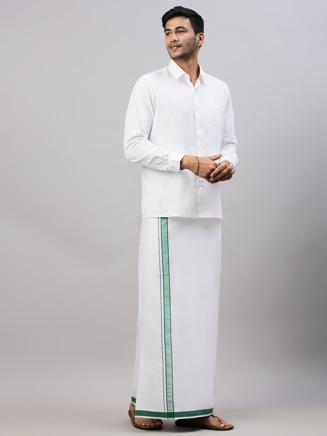 Mens White Shirt with Green Fancy Border Dhoti Combo WP01