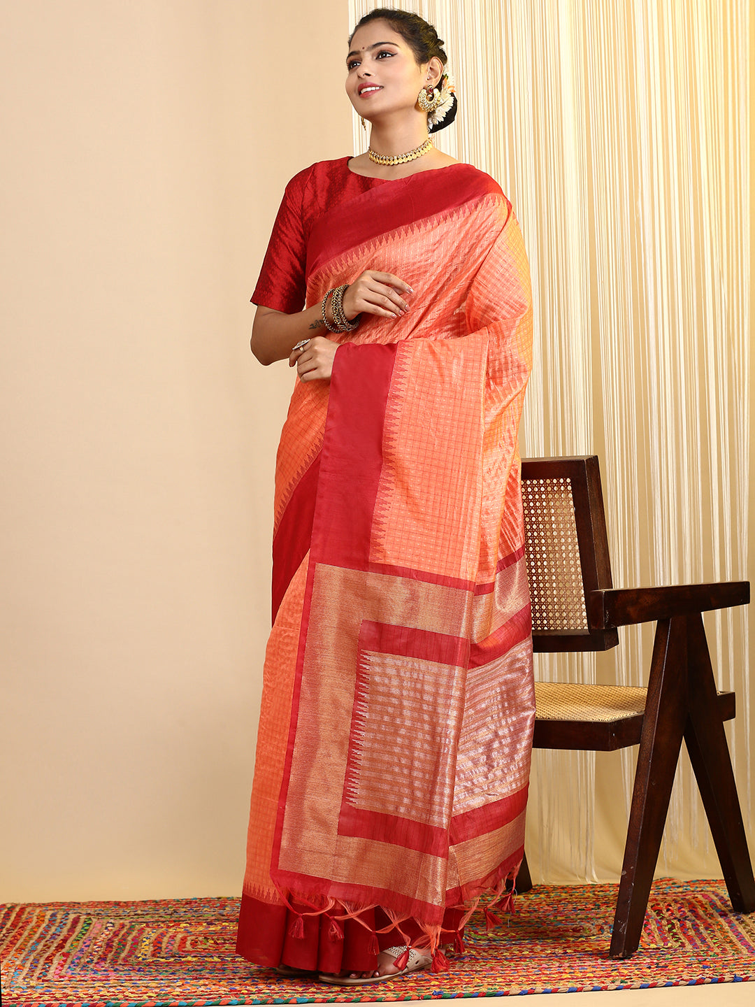 Women Semi Tussar Weaving Saree Orange ST180