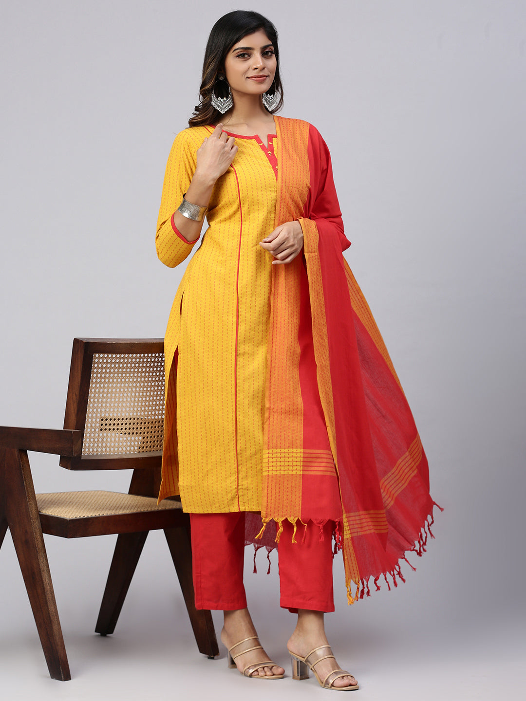 Women Cotton Embroidered Kurti Sets Yellow EKS34