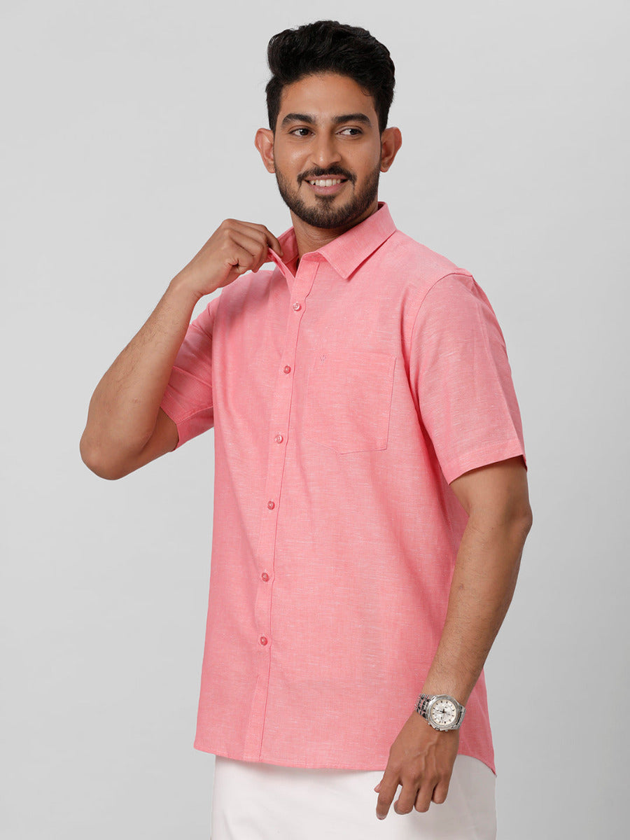Mens Linen Cotton Formal Light Pink Half Sleeves Shirt LF2-Side view