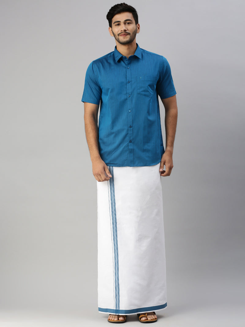 Mens Blue Matching Border Dhoti & Half Sleeves Shirt Set Evolution IC4