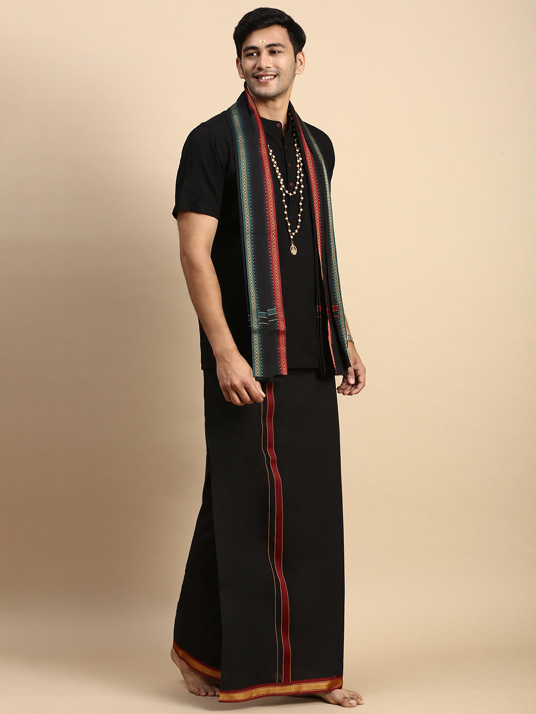 Men Devotional Mayilkhan Border Dhoti with Towel & Kurta Set Black PB17