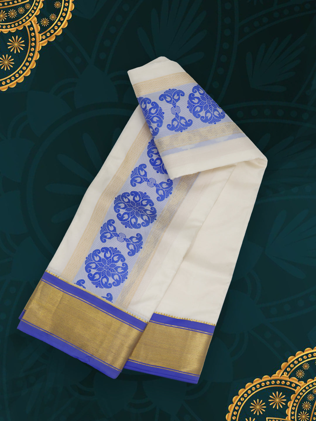 Men’s Pure Silk Cream Dhoti and Towel Set with 3-inch Ink Blue & Gold Fancy Jari Border TF04