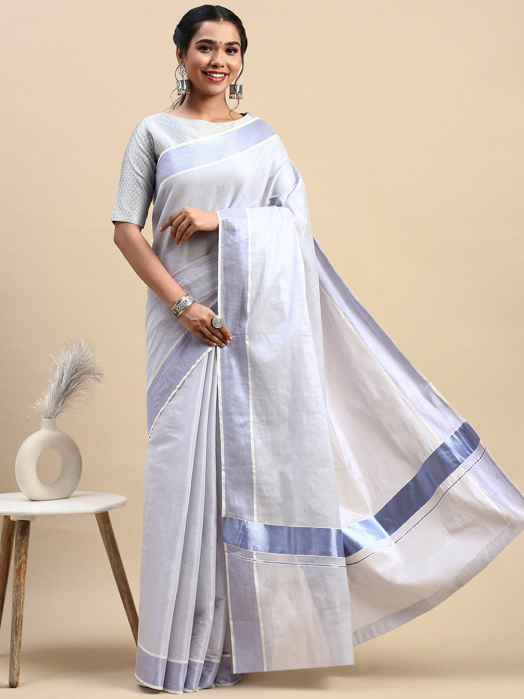 Couple Combo Tissue Lavender Jari Dhoti Shirt Set with Kerala Saree KS94