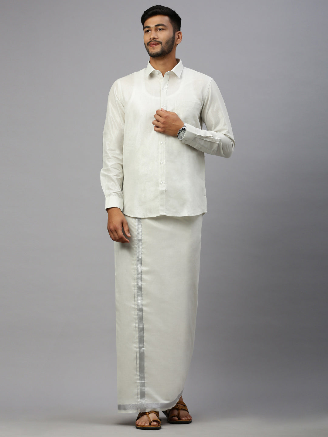 Men Silver Tissue Full Sleeves Shirt with Matching Readymade Single Layer Dhoti Combo