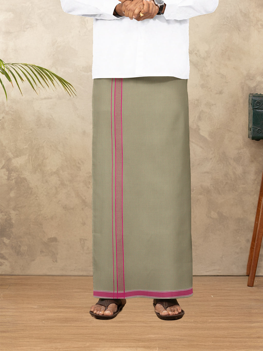 Men Cotton Blend Single Layer Olive Grey Dhoti with Fancy Border Charming Line 15