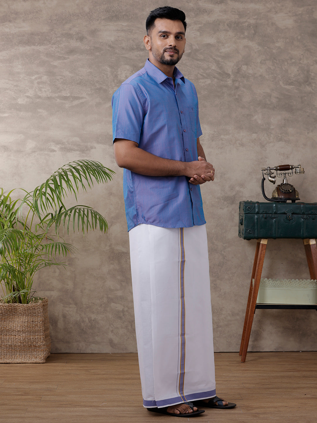 Mens Matching Jari Border Dhoti & Shirt Set Half Blue VB5