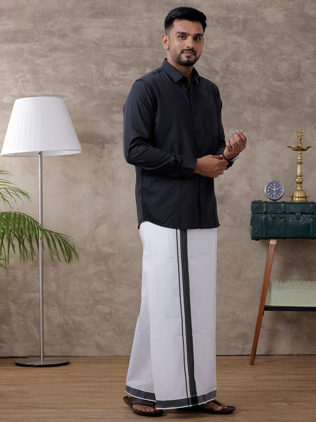 Men Black Matching Border Dhoti Full Sleeves Shirt Set Evolution IC1