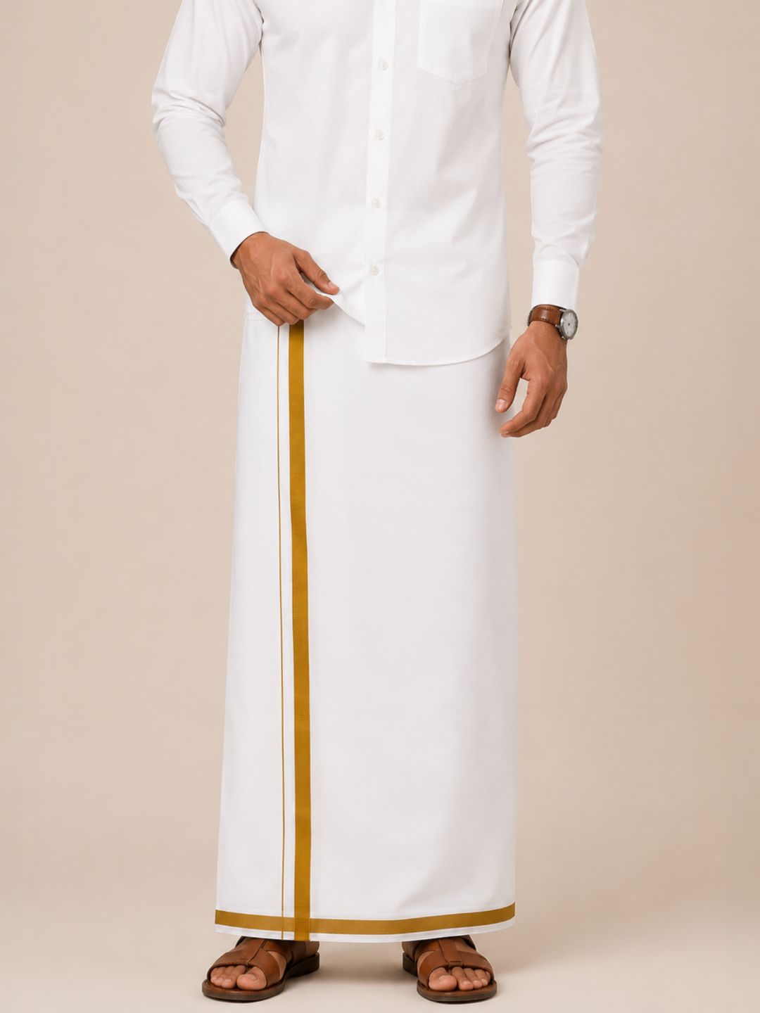 Men 100% Cotton Double Layer White Dhoti with Big Border Wisdom WB04