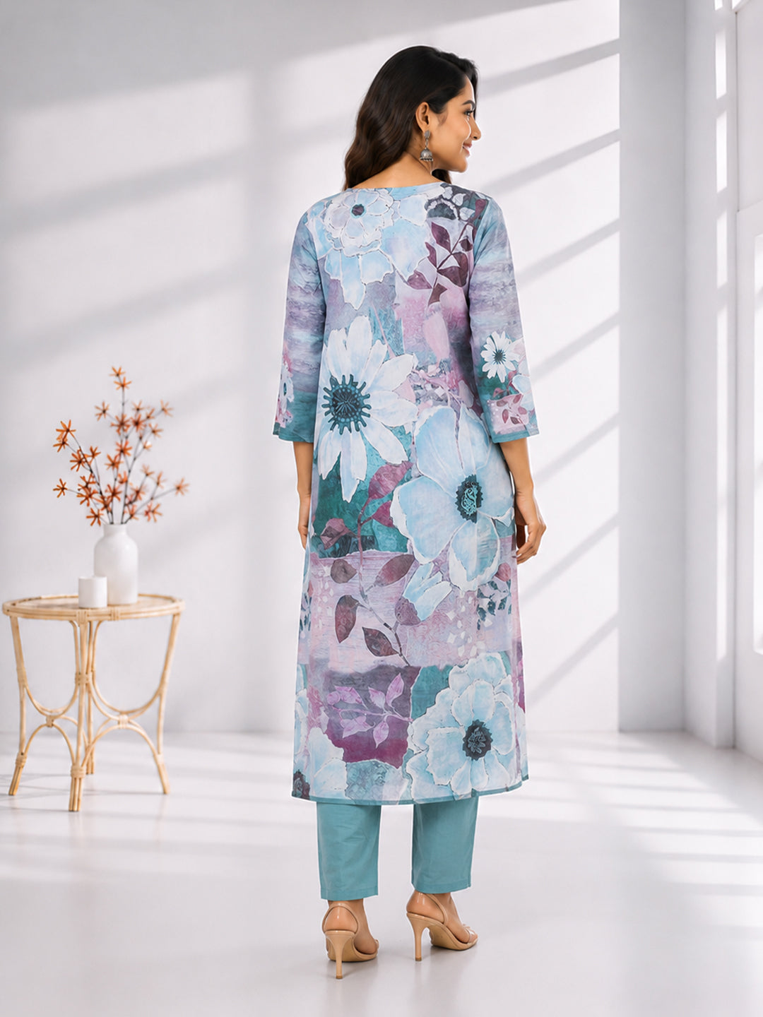 Women Greyish Blue Cotton Printed Kurti Set EKS84