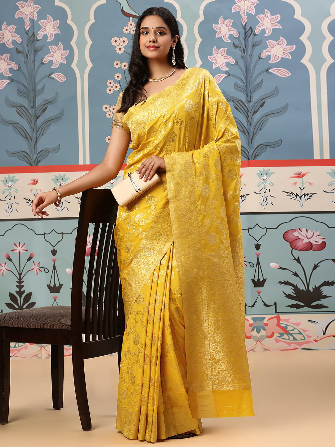 Womens Semi Silk Saree Yellow SS175