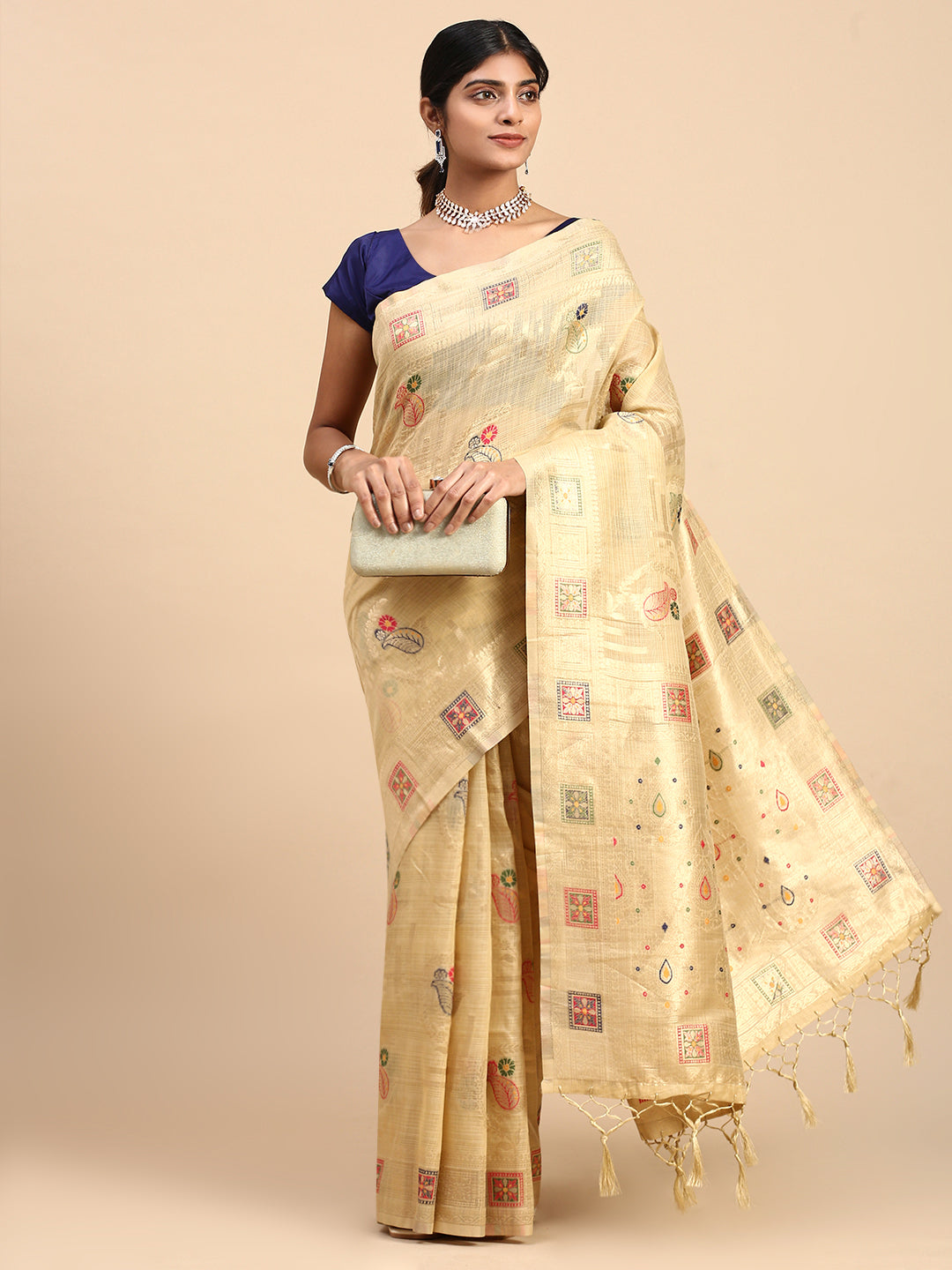 Women Semi Linen Printed Saree Gold SL164