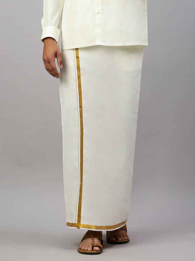 Men Cream with 3/4" Gold Jari Border Readymade Double Layer Dhoti C198