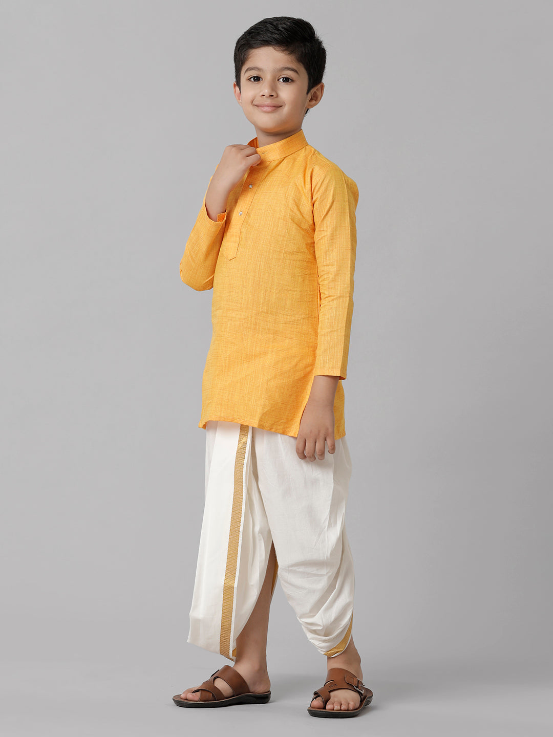 Boys Cotton Yellow Kurta with Cream Elastic Panchakacham Towel Combo FS1-Side view