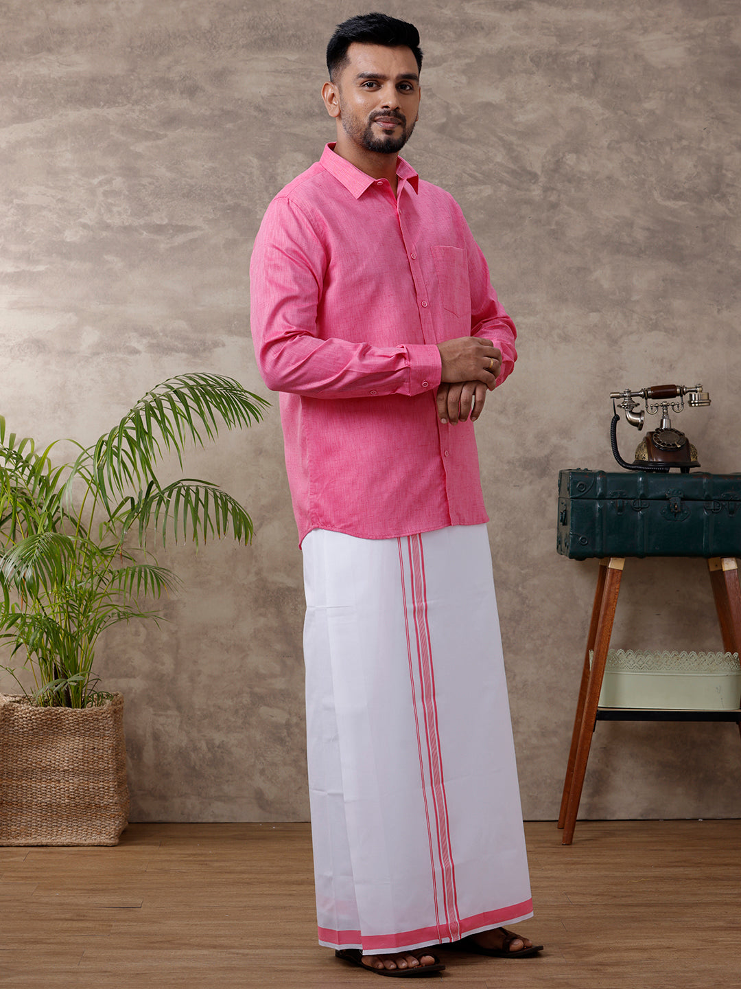 Men Matching Border Dhoti & Full Sleeves Shirt Set Rose C34