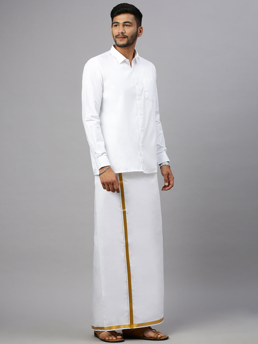 Men Wrinkle Free White Full Sleeves Shirt with 1/2'' inch Gold Jari Border Single Layer Dhoti Combo