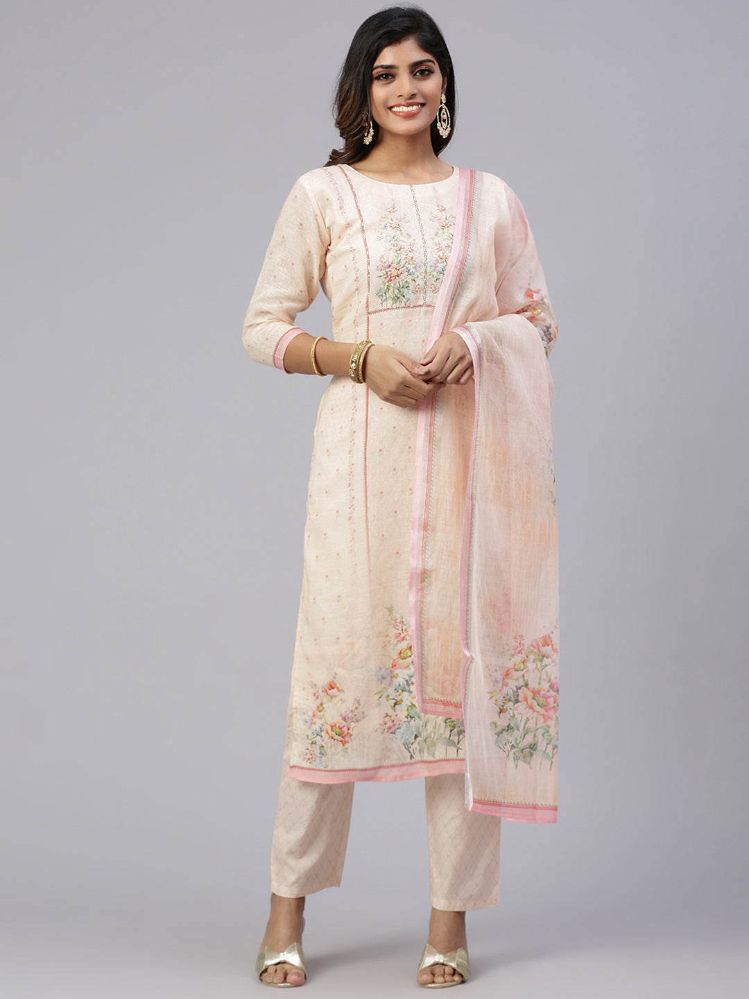 Women Cotton Embroidered Kurti Sets Peach EKS33