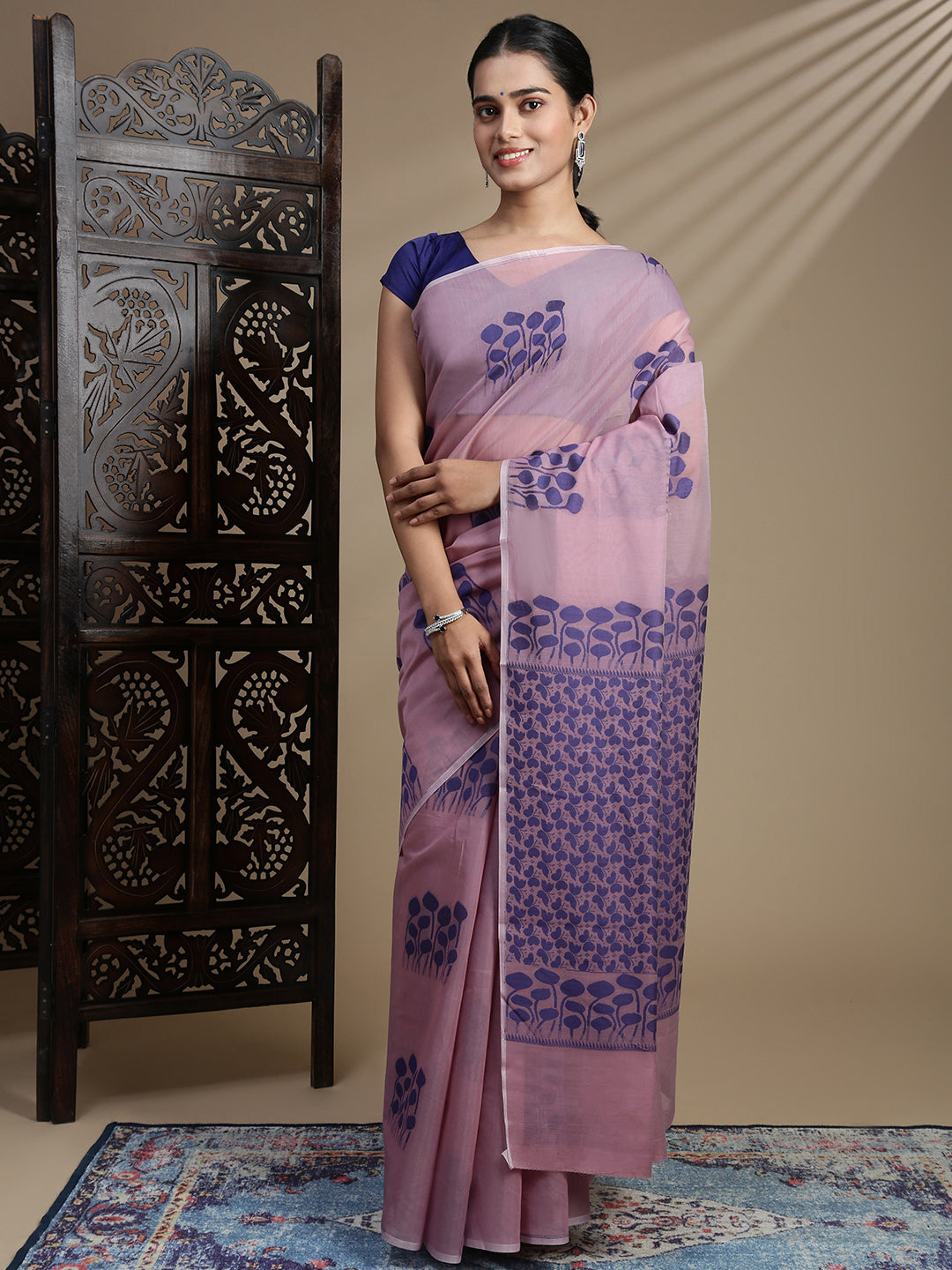 Women Kora Cotton Light Purple Saree SK114