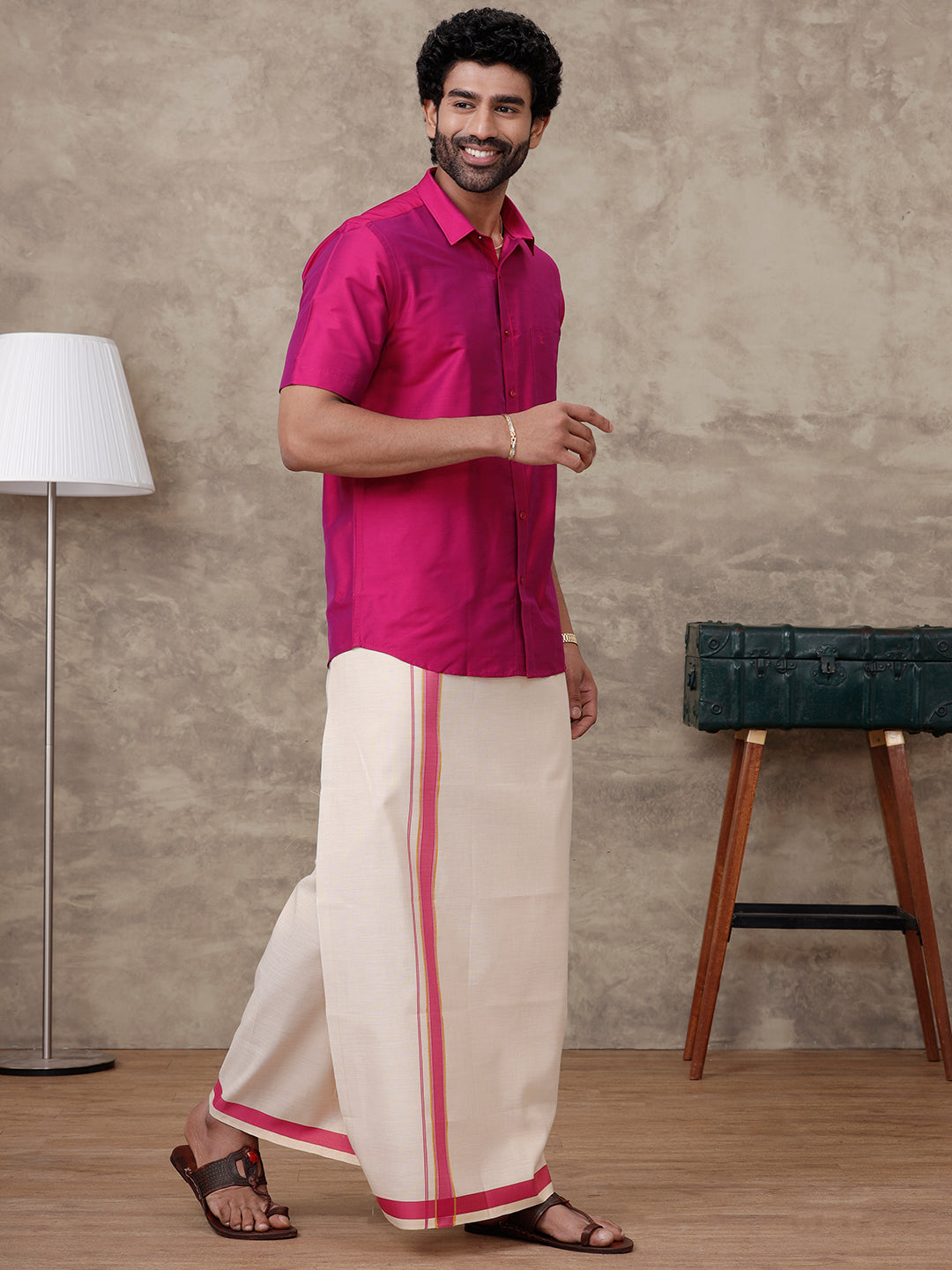 Men Cardinal Pink Silk Cotton Shirt With Matching Border Tissue Dhoti Set CCB Fortune