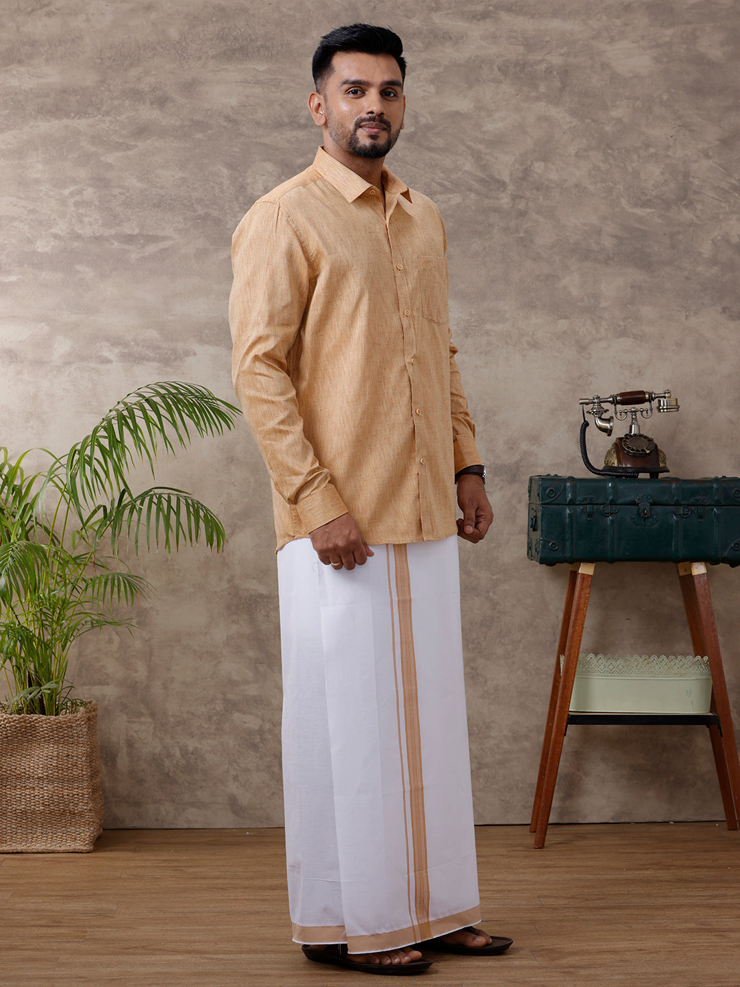 Men Matching Border Dhoti & Shirt Set Mustard C1