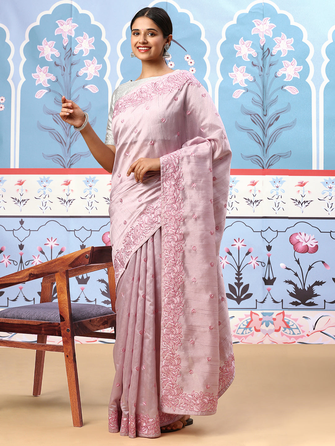 Womens Semi Tussar Embroidery Saree Pink ST142