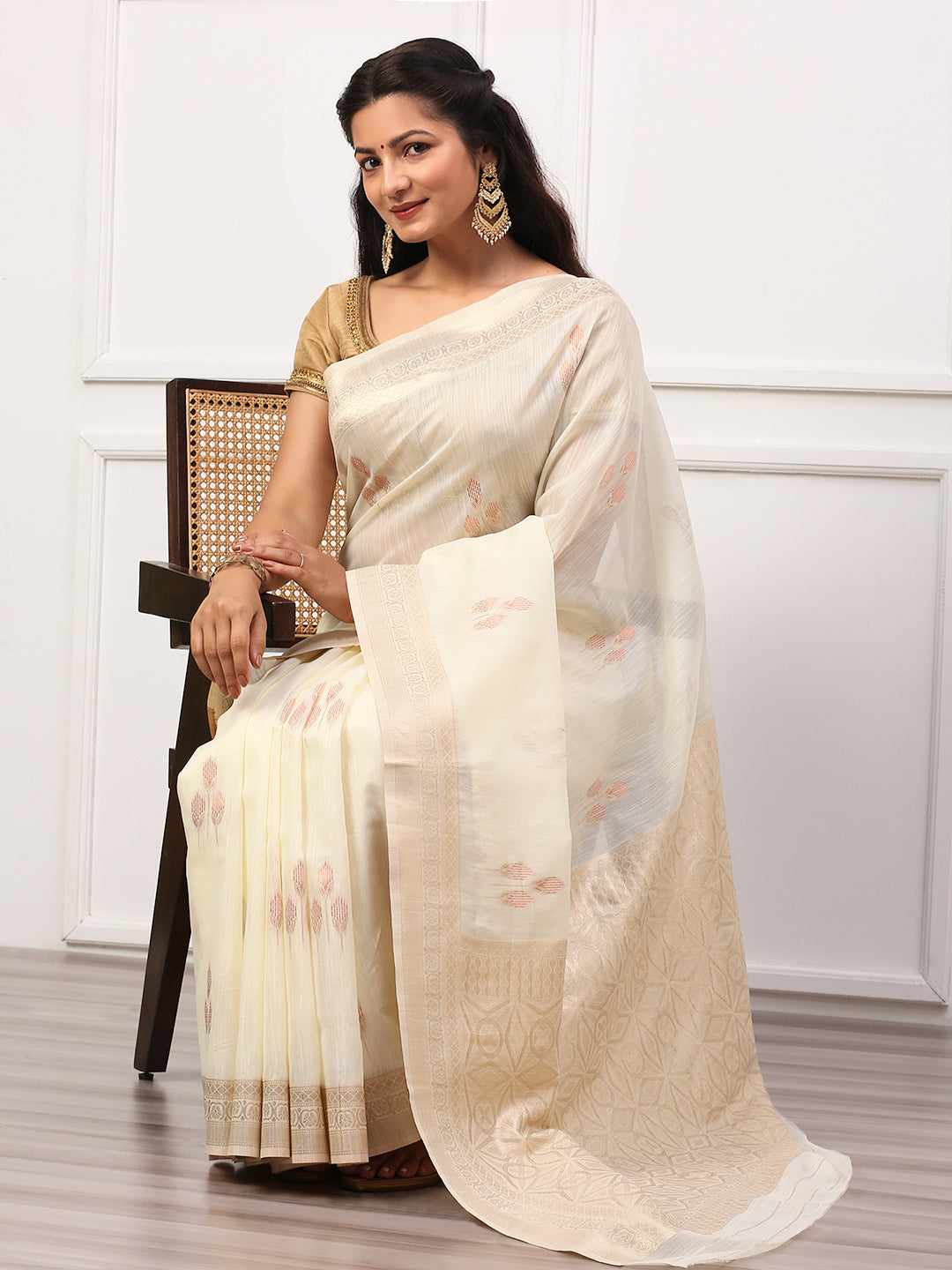 Women Semi Linen Weaving Saree White SL141