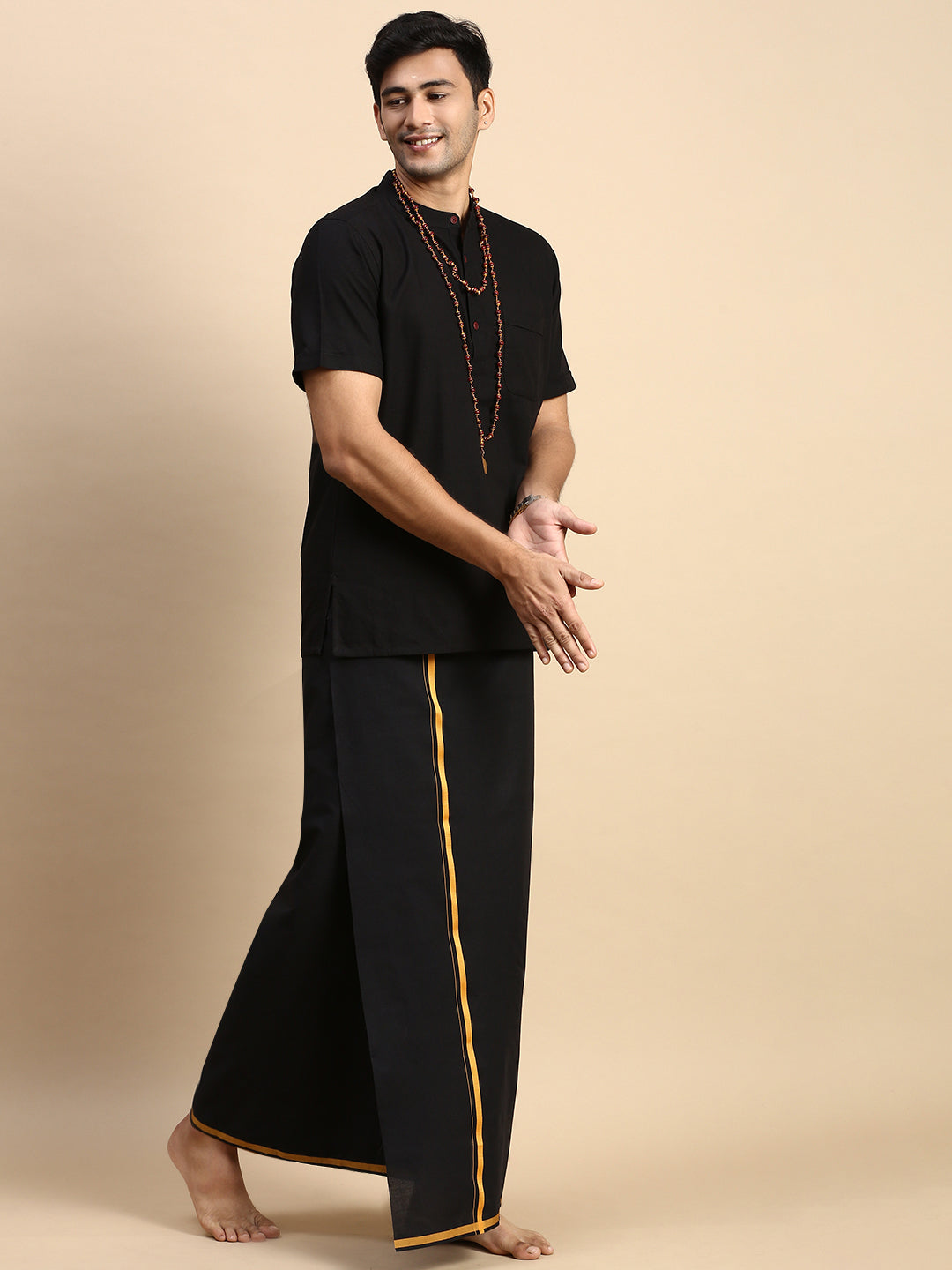 Men Devotional Big Border Dhoti & Kurta Set Black PB17