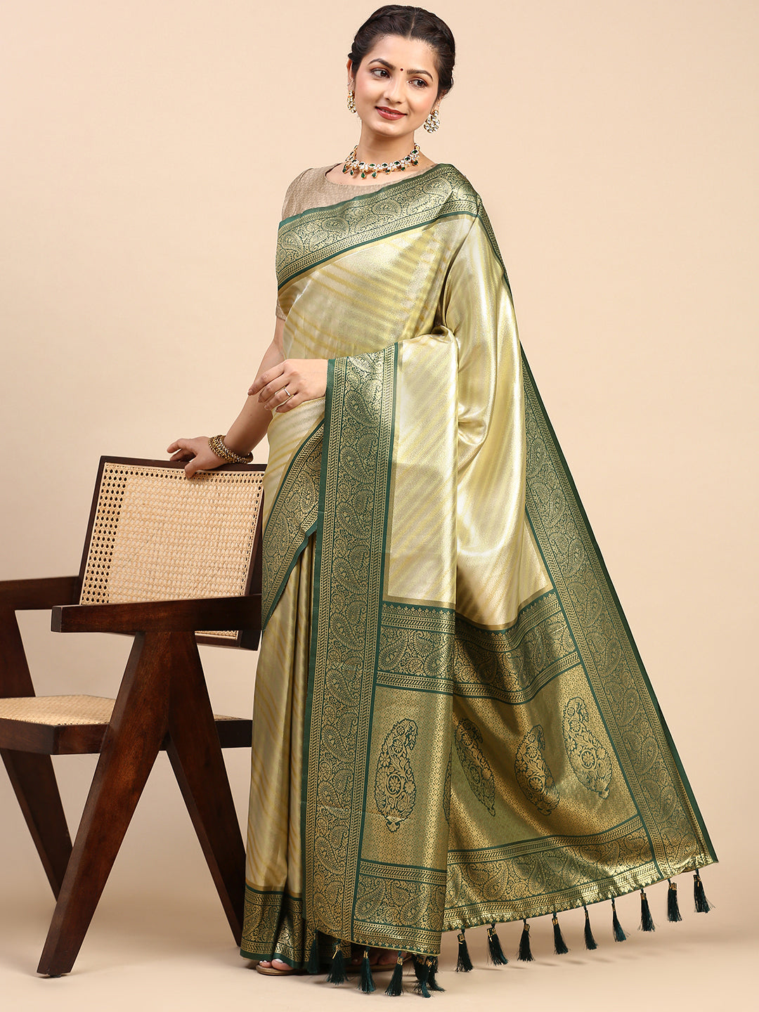 Womens Semi Silk Saree Green SS227