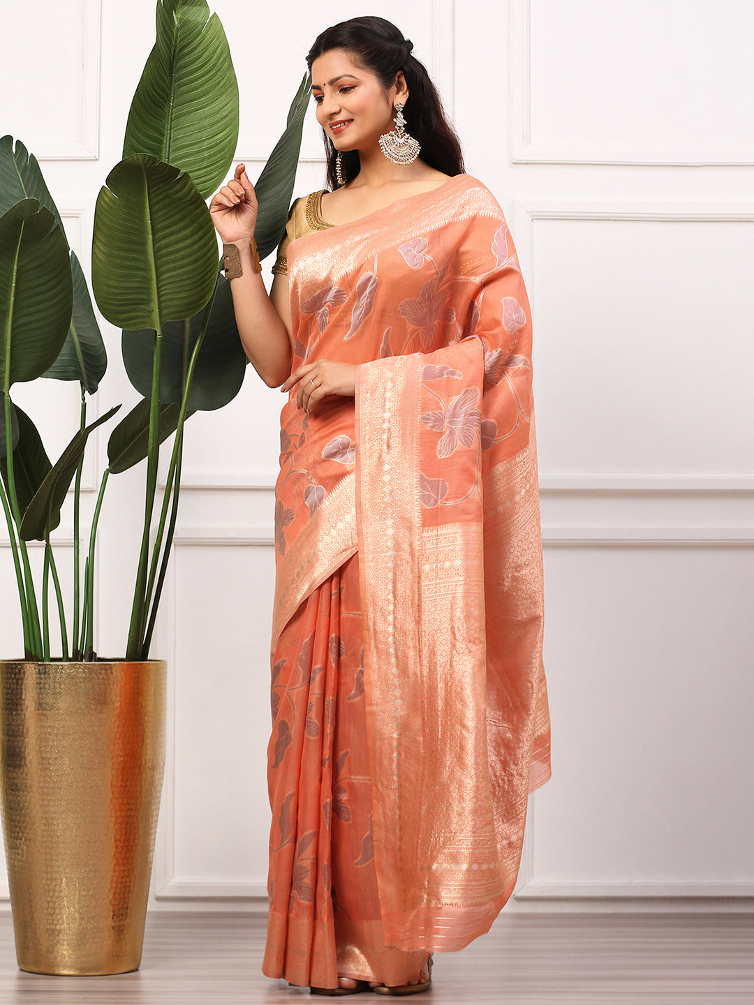 Women Semi Linen Weaving Saree Peach SL149