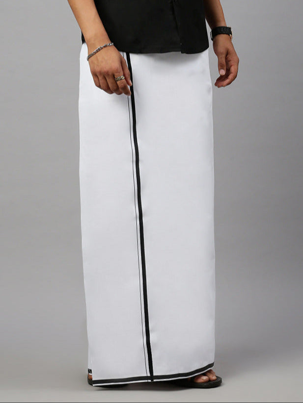 Men Cotton Blend Single Layer White Dhoti with Big Border TU01