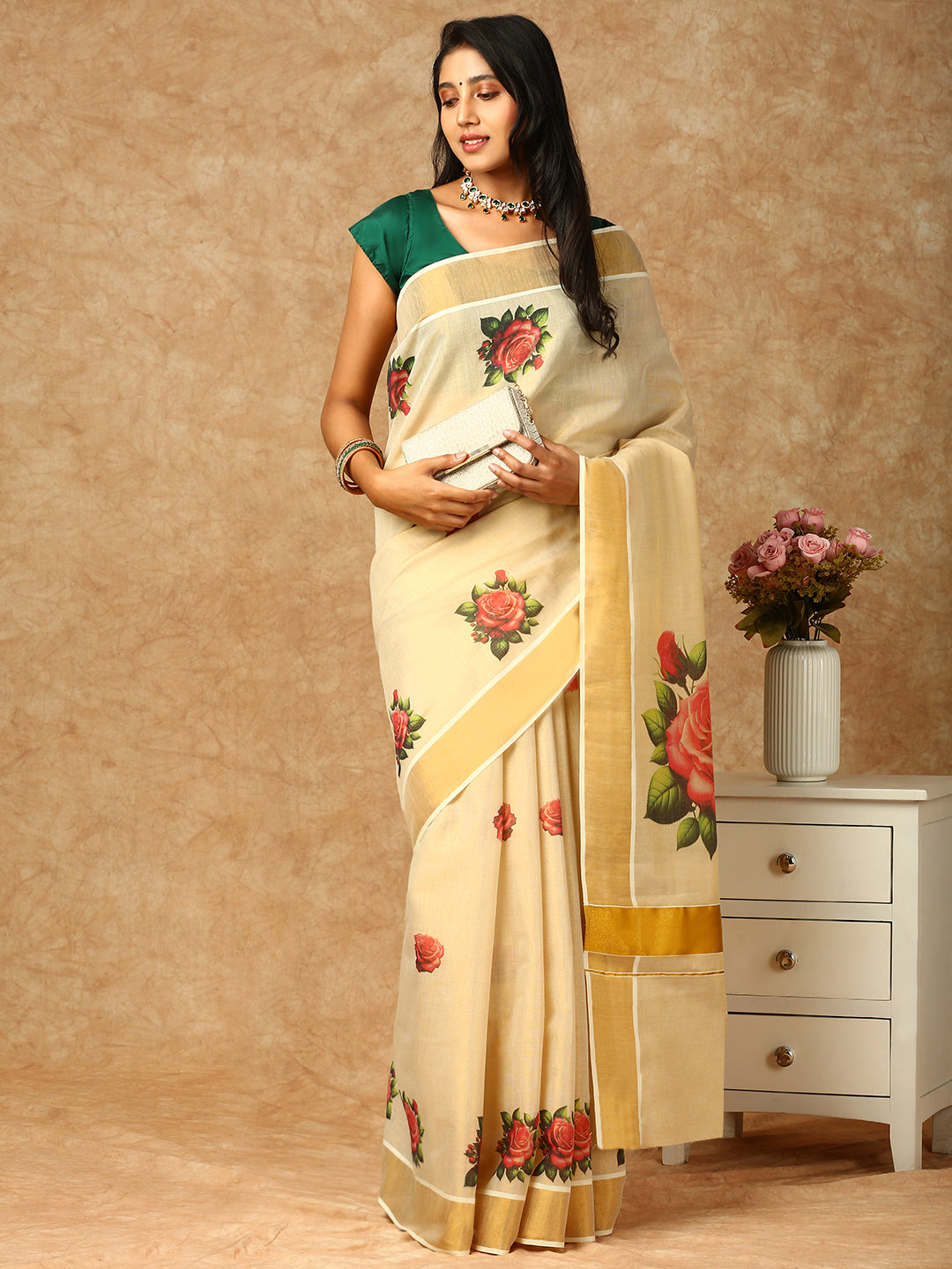 Women Kerala Tissue Gold Printed Saree KS164