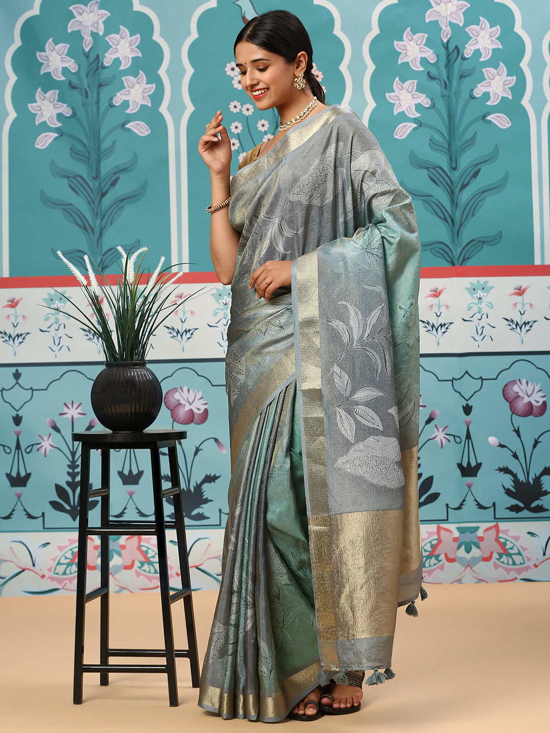 Womens Semi Tussar Tissue Saree Blue ST144