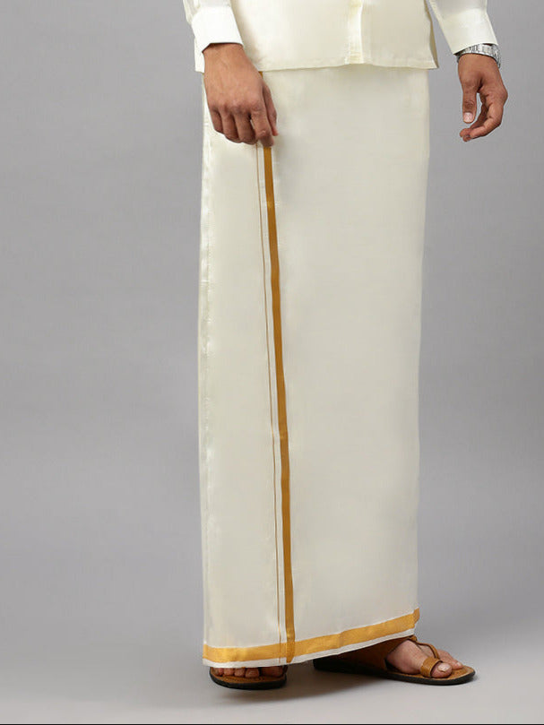 Men Art Silk Cream with Gold Jari Border Double Layer Dhoti Kara Yoga 50k