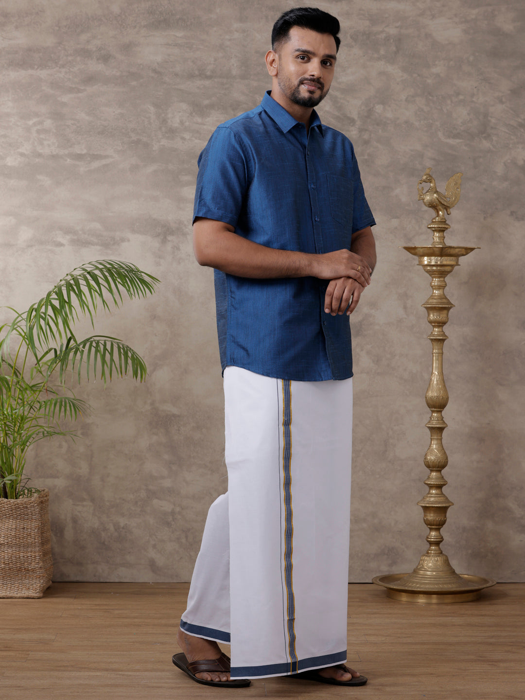 Men Matching Jari Border Dhoti & Half Sleeves Shirt Set VB9