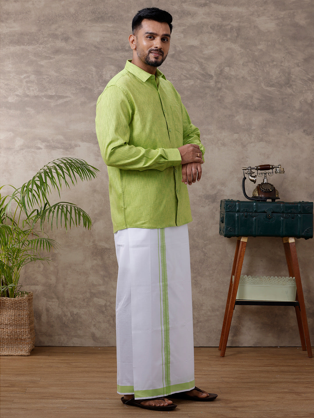 Men Matching Border Dhoti & Full Sleeves Shirt Set Green C82