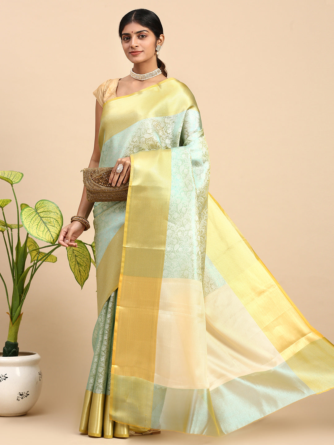 Women Semi Silk Tissue Weaving Saree Green SS279