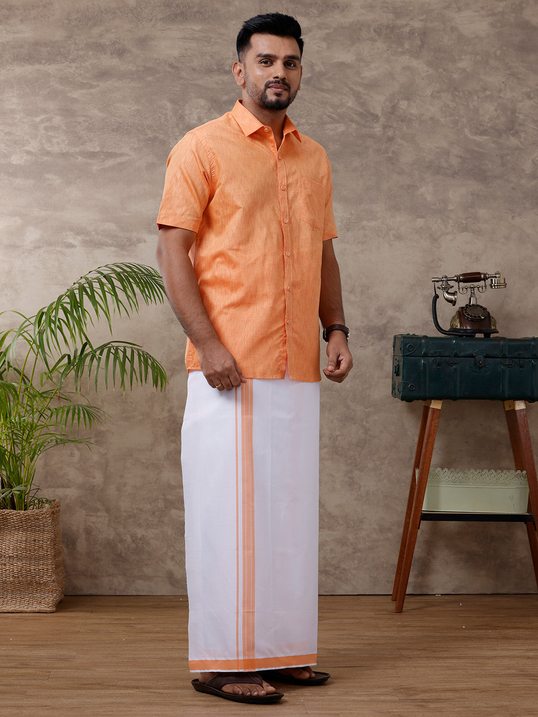 Men Readymade Adjustable Dhoti with Matching Shirt Half Orange C2