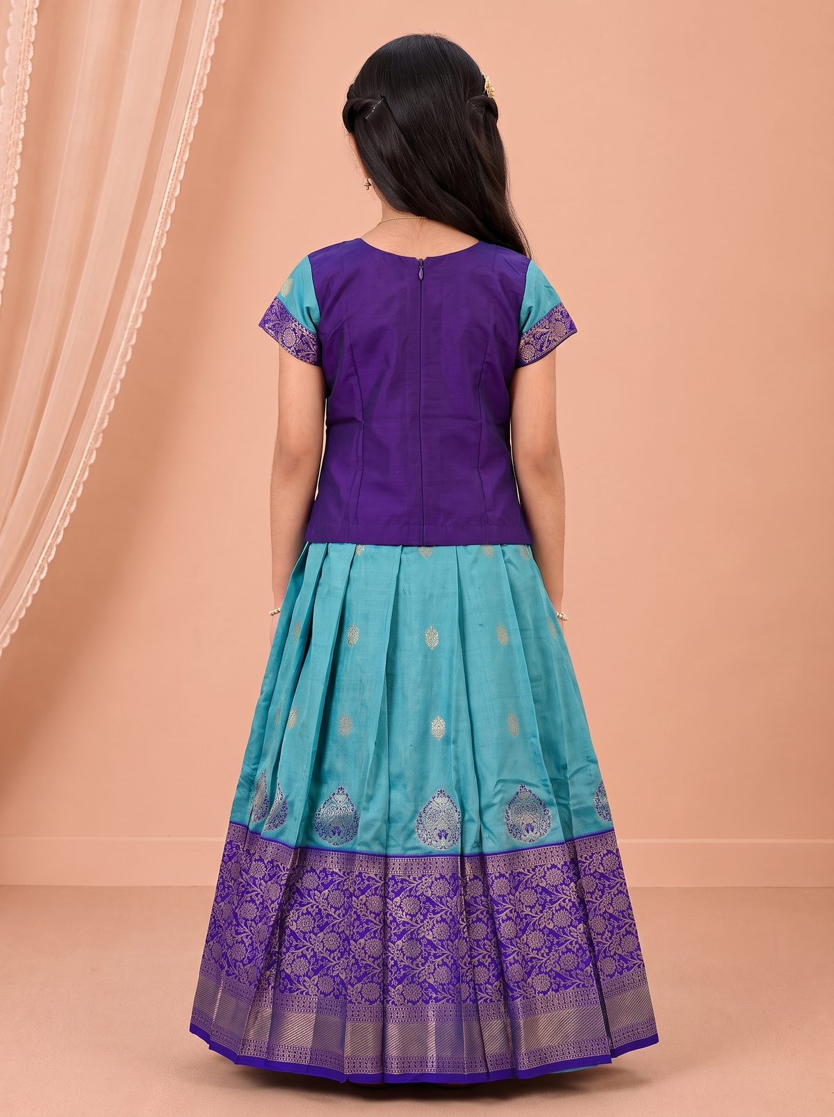 Girls Art Silk Sky Blue with Navy Pattu Pavadai Set GPS70